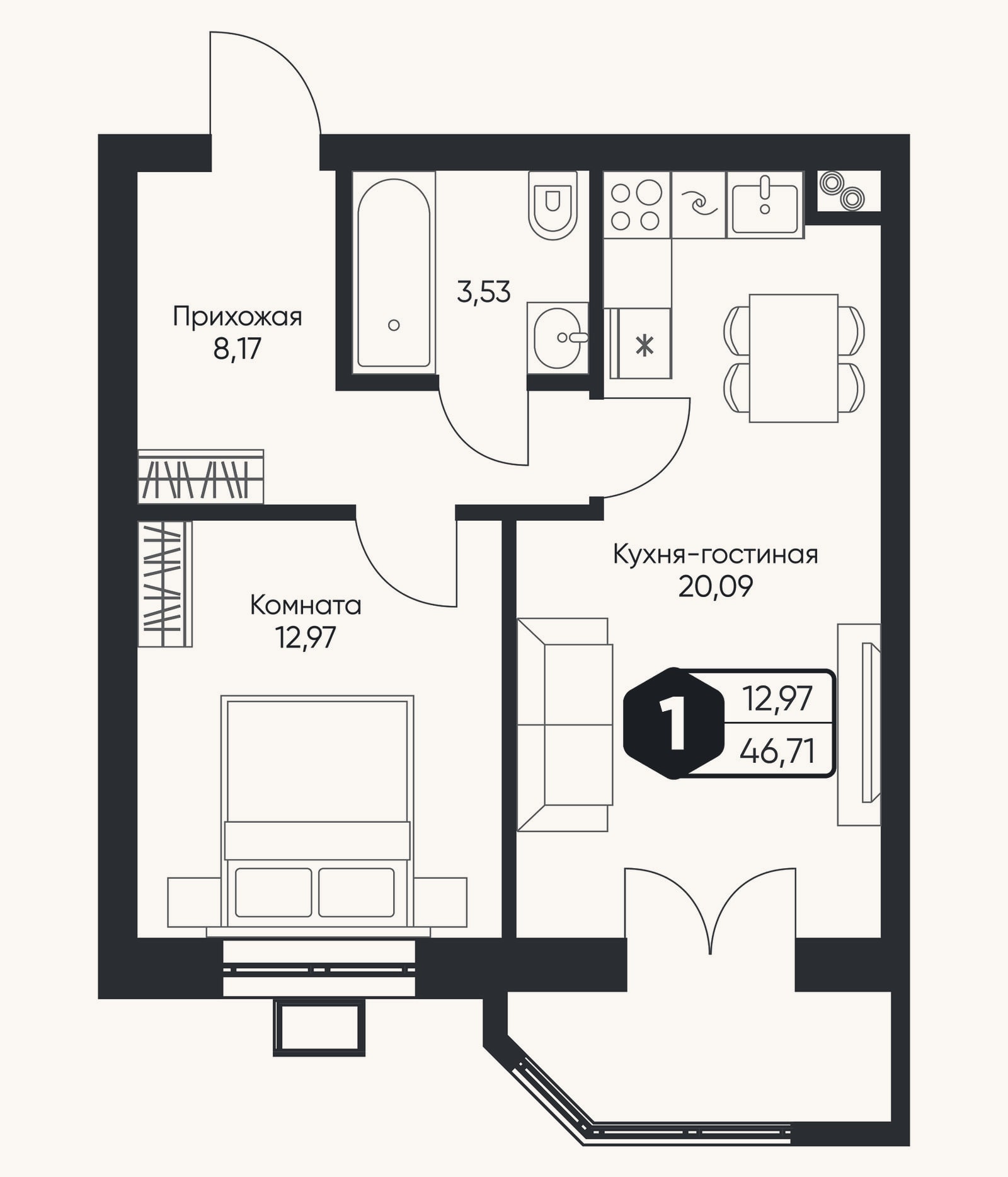 Планировка: 2-к, 44,8 м²