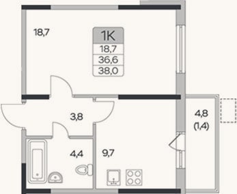 Планировка: 1-к, 36,6 м²