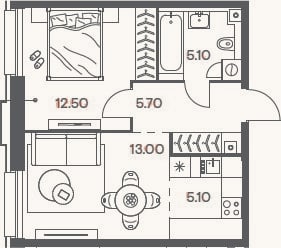 Планировка: 2-к, 41,4 м²