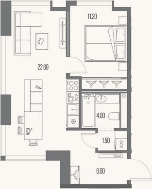 Планировка: 1-к, 45,3 м²