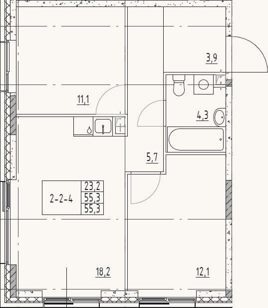 Планировка: 3-к, 55,3 м²