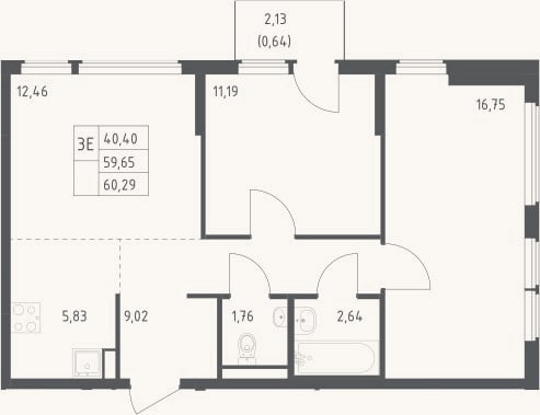 Планировка: 3-к, 59,7 м²