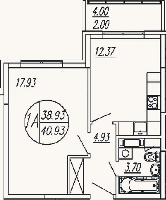 Планировка: 1-к, 38,9 м²