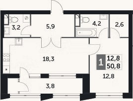 Планировка: 1-к, 47,6 м²