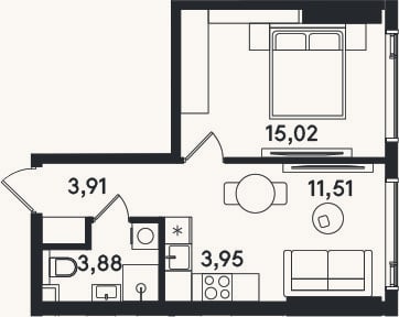 Планировка: 2-к, 38,3 м²