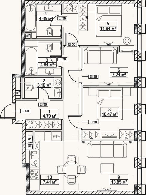 Планировка: 4+ к, 74,6 м²