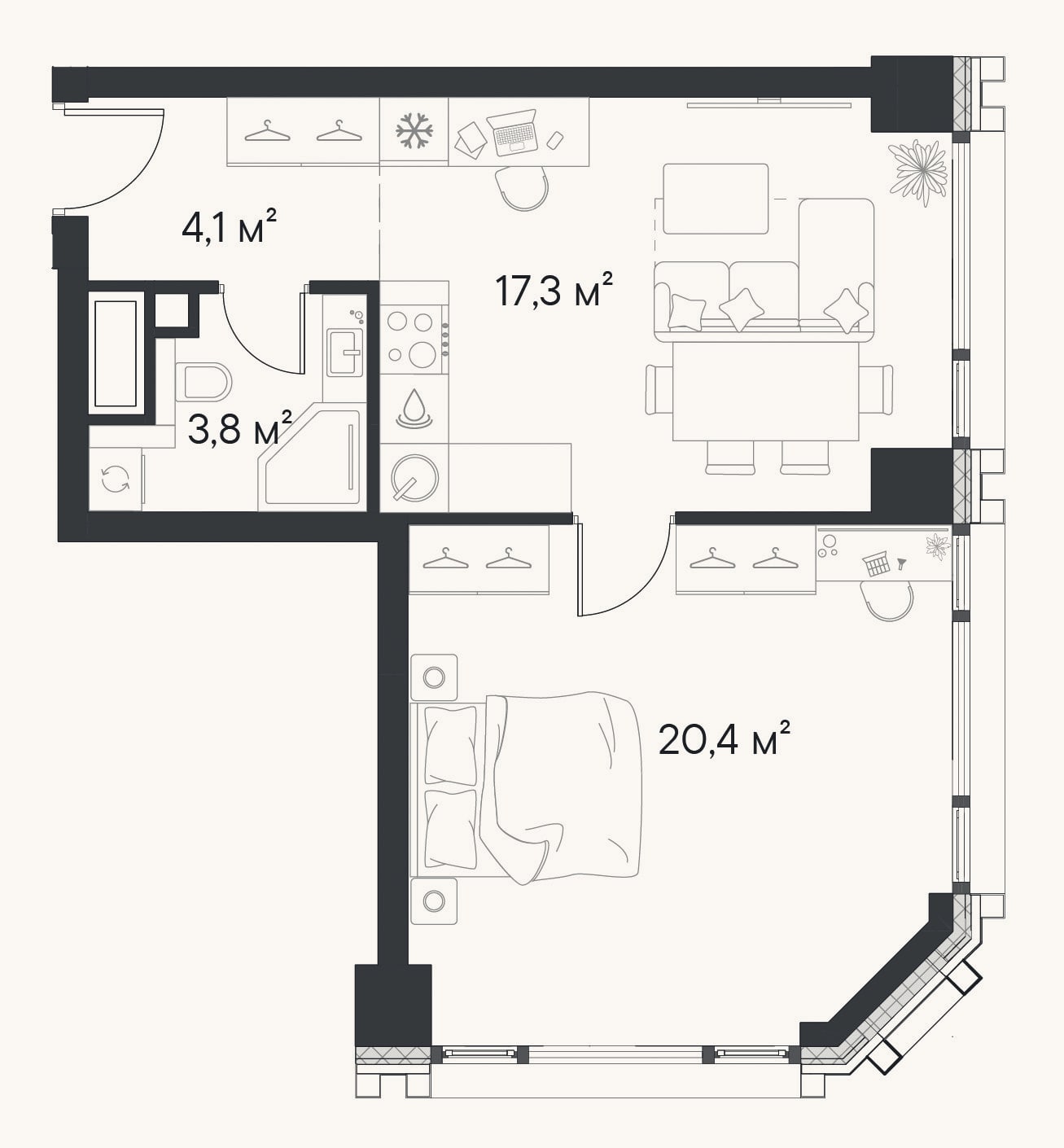 Планировка: 1-к, 45,6 м²