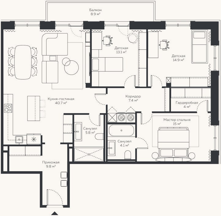 Планировка: 4+ к, 126,5 м²