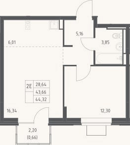 Планировка: 2-к, 43,7 м²
