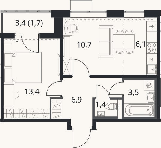 Планировка: 2-к, 41,9 м²
