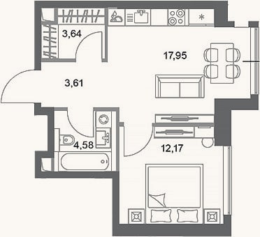 Планировка: 1-к, 42 м²