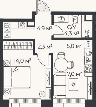 Планировка: 2-к, 37,5 м²