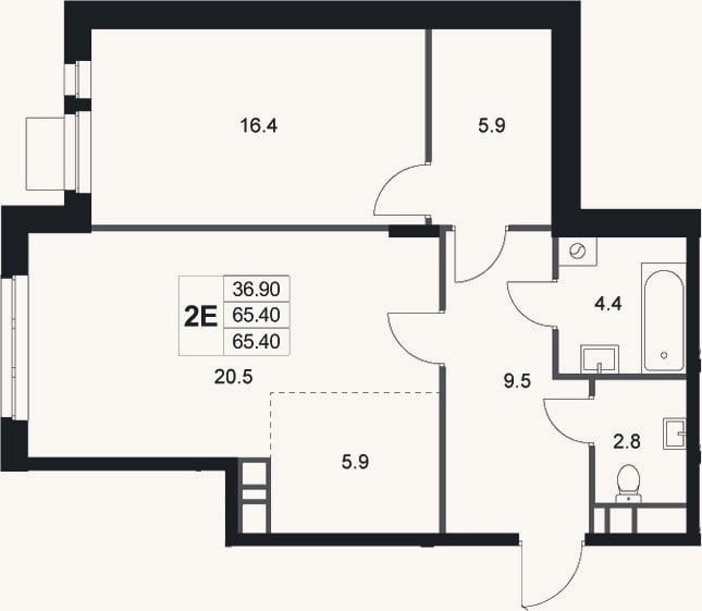 Планировка: 2-к, 65,4 м²