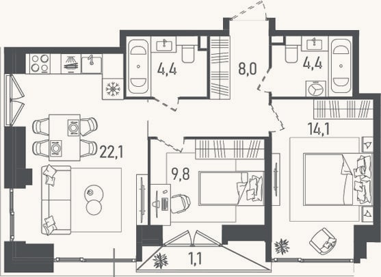 Планировка: 3-к, 62,8 м²
