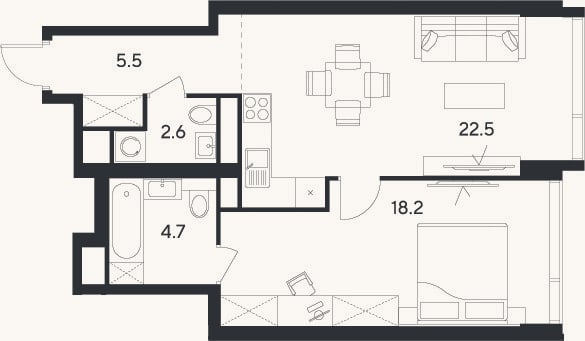 Планировка: 2-к, 53,5 м²