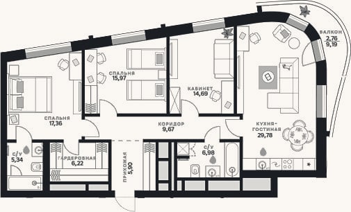 Планировка: 3-к, 111,9 м²