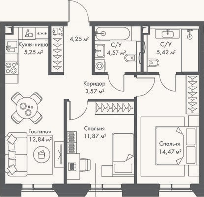 Планировка: 3-к, 62,2 м²