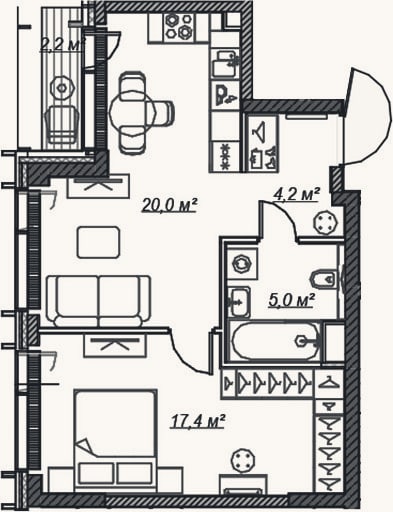 Планировка: 2-к, 46,7 м²