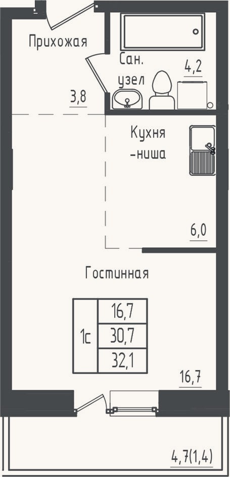 Планировка: Студия, 30,7 м²
