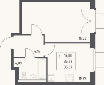 Планировка: 1-к, 35,4 м²