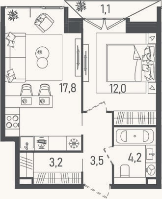 Планировка: 2-к, 40,7 м²