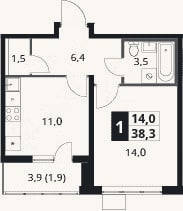 Планировка: 1-к, 36,4 м²