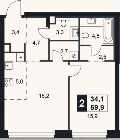 Планировка: 2-к, 59,9 м²