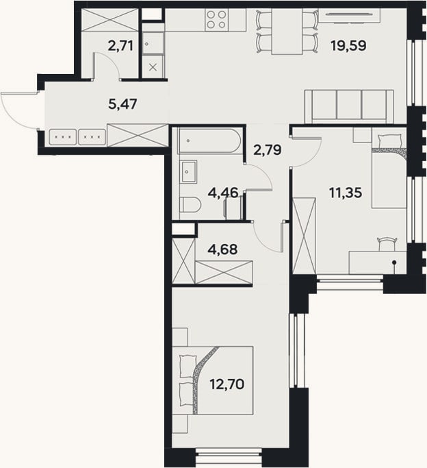 Планировка: 3-к, 63,8 м²