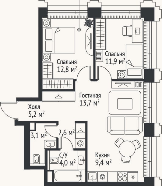 Планировка: 3-к, 62,7 м²