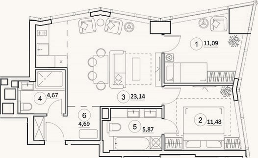 Планировка: 3-к, 60,9 м²
