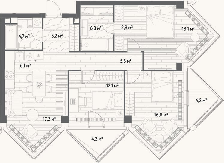 Планировка: 4+ к, 94,7 м²