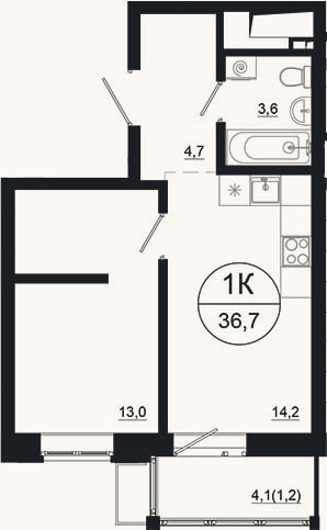 Планировка: 1-к, 35,5 м²