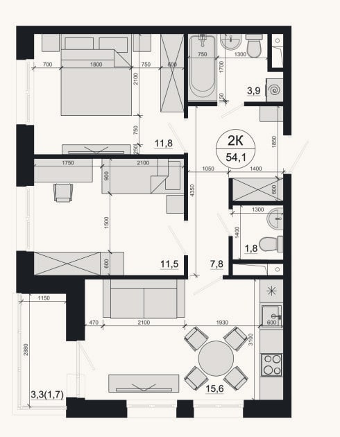 Планировка: 2-к, 52,4 м²