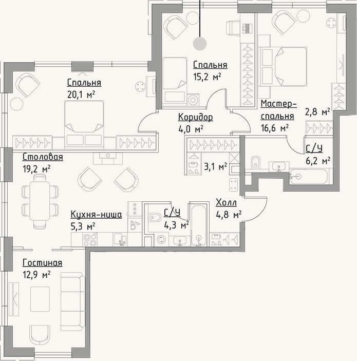Планировка: 4+ к, 114,5 м²