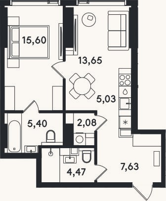 Планировка: 2-к, 53,9 м²