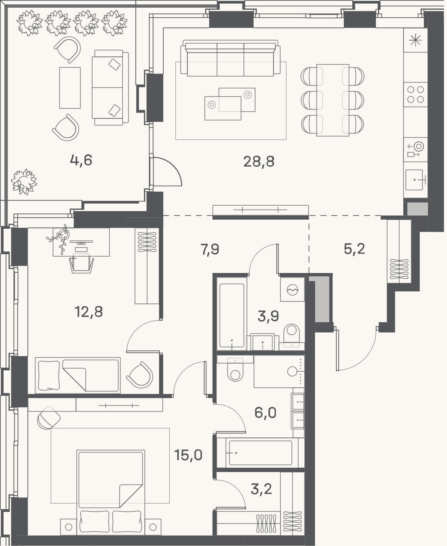 Планировка: 3-к, 82,8 м²