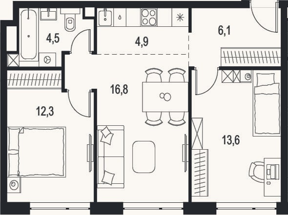 Планировка: 3-к, 58,2 м²