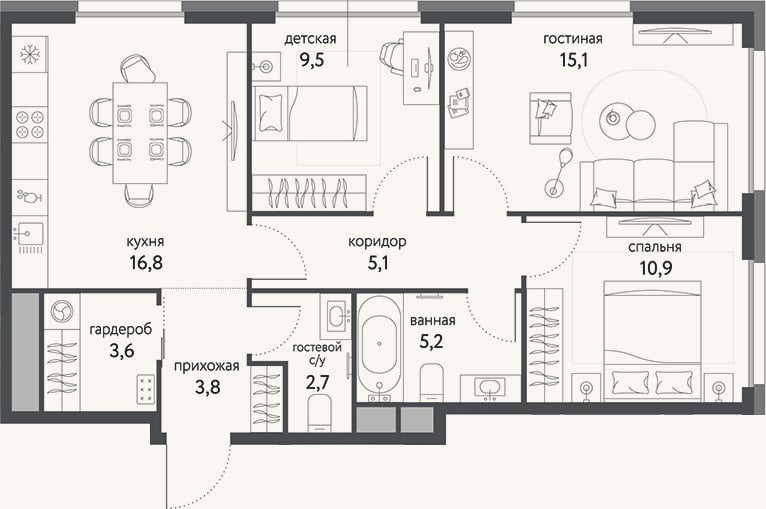 Планировка: 3-к, 72,7 м²