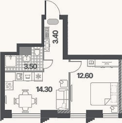 Планировка: 2-к, 33,8 м²
