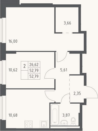 Планировка: 2-к, 52,8 м²