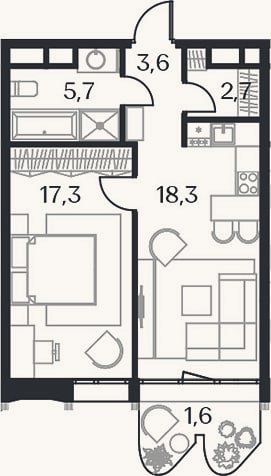 Планировка: 2-к, 47,6 м²