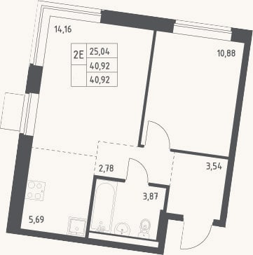 Планировка: 2-к, 40,9 м²