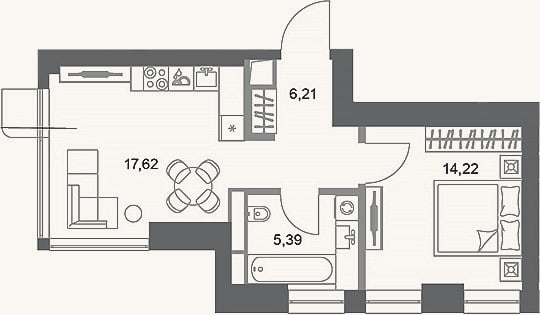 Планировка: 1-к, 43,4 м²