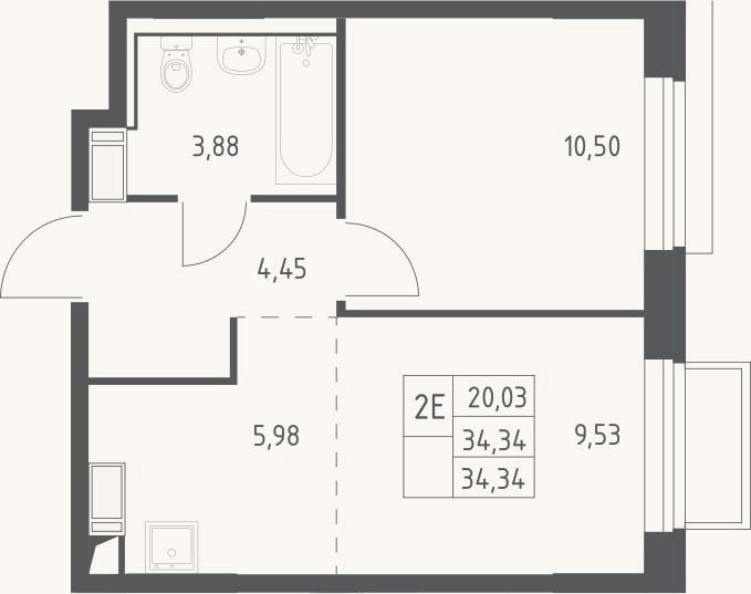 Планировка: 2-к, 34,3 м²