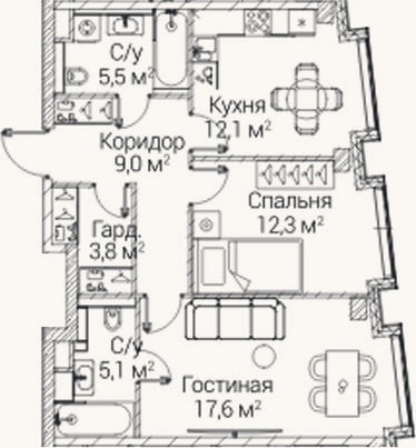 Планировка: 2-к, 65,4 м²