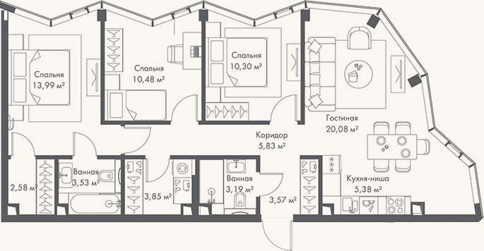Планировка: 4+ к, 82,8 м²