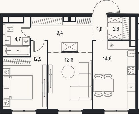 Планировка: 2-к, 58,8 м²