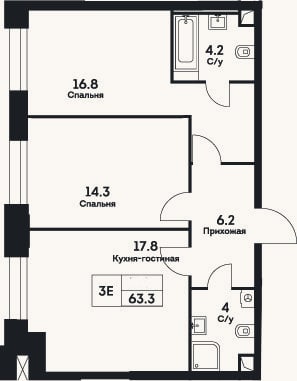 Планировка: 3-к, 63,3 м²