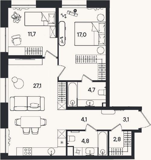 Планировка: 3-к, 75,3 м²