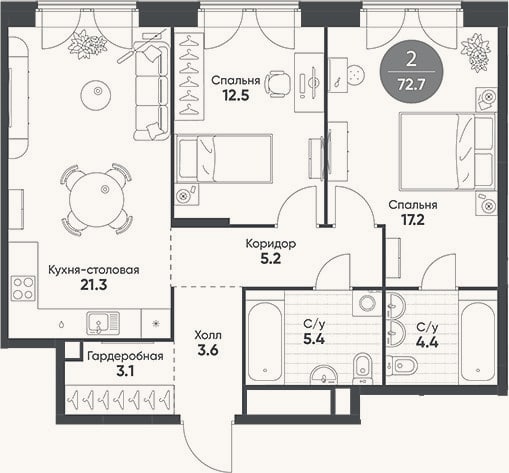 Планировка: 3-к, 72,7 м²